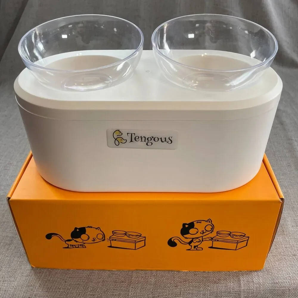 Little Treasures Pet Bowl by Tengous Raised Double Bowl White Plastic w/ Storage